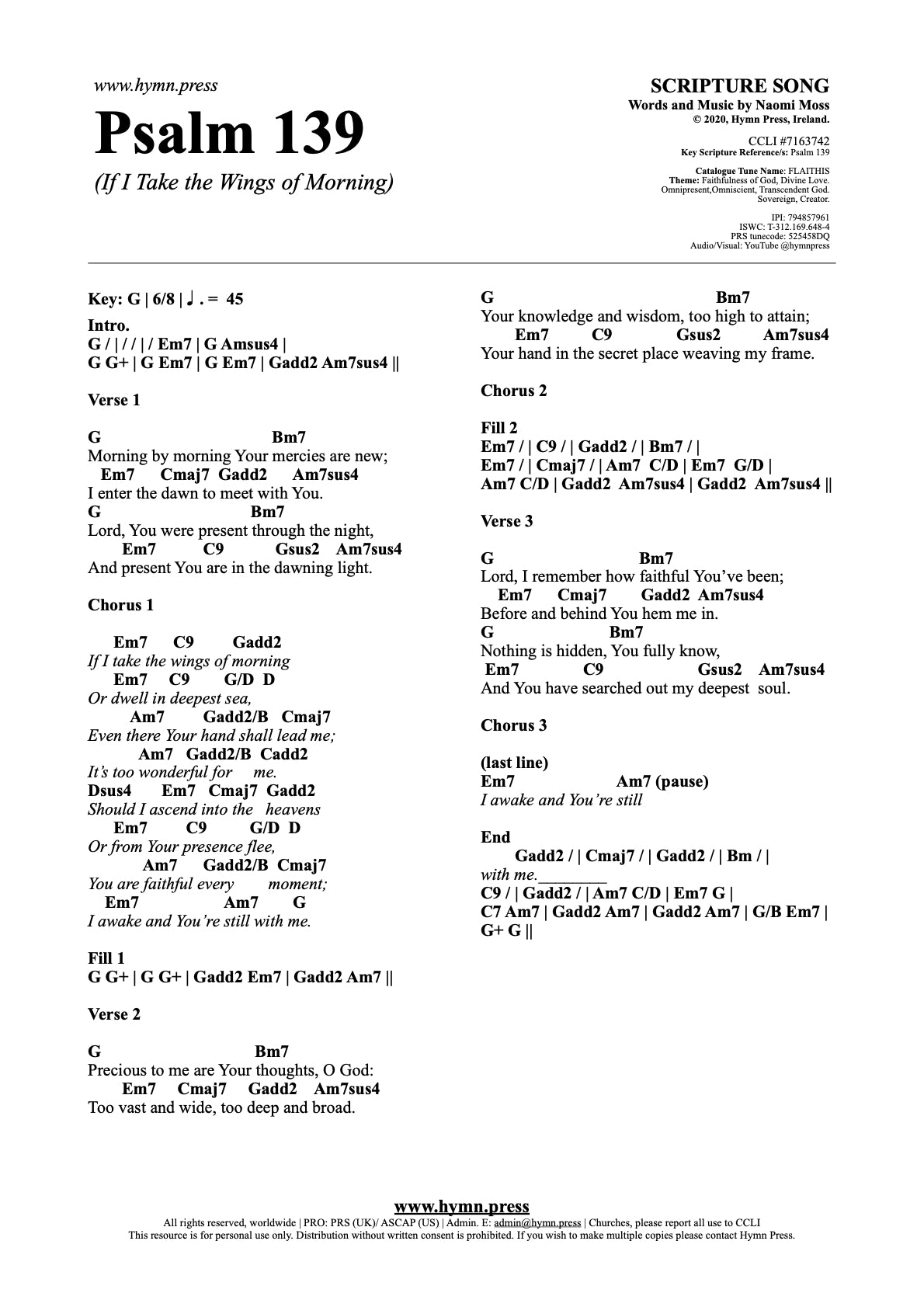 Psalm 139 (If I Take the Wings of Morning) Chords & Lyrics
