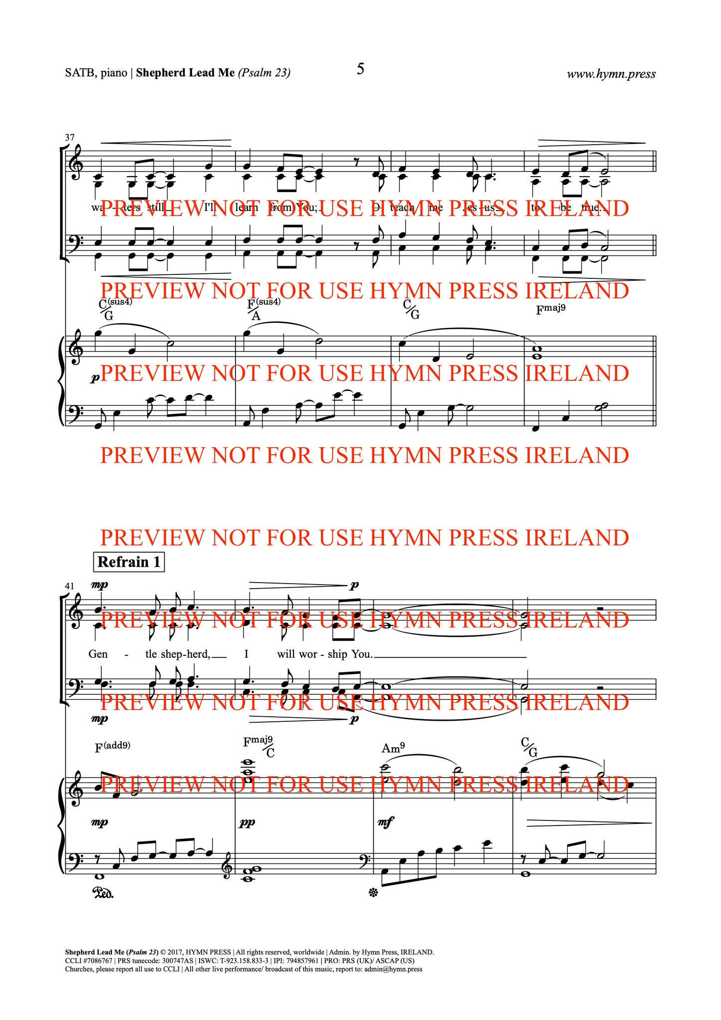 Shepherd Lead Me (Psalm 23) SATB, Piano Score and Parts