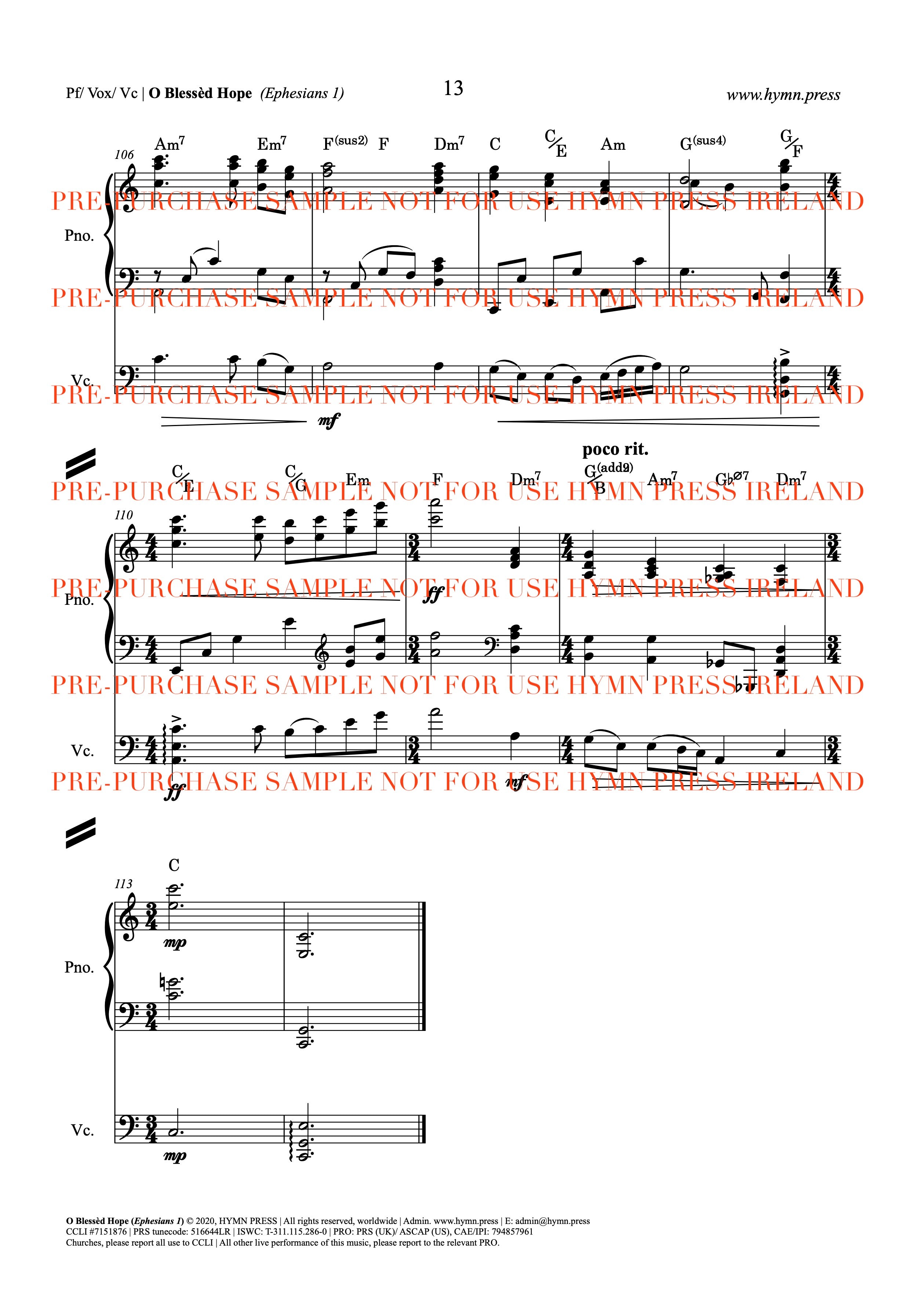 O Blessed Hope (Ephesians 1) Live Studio Recording Score
