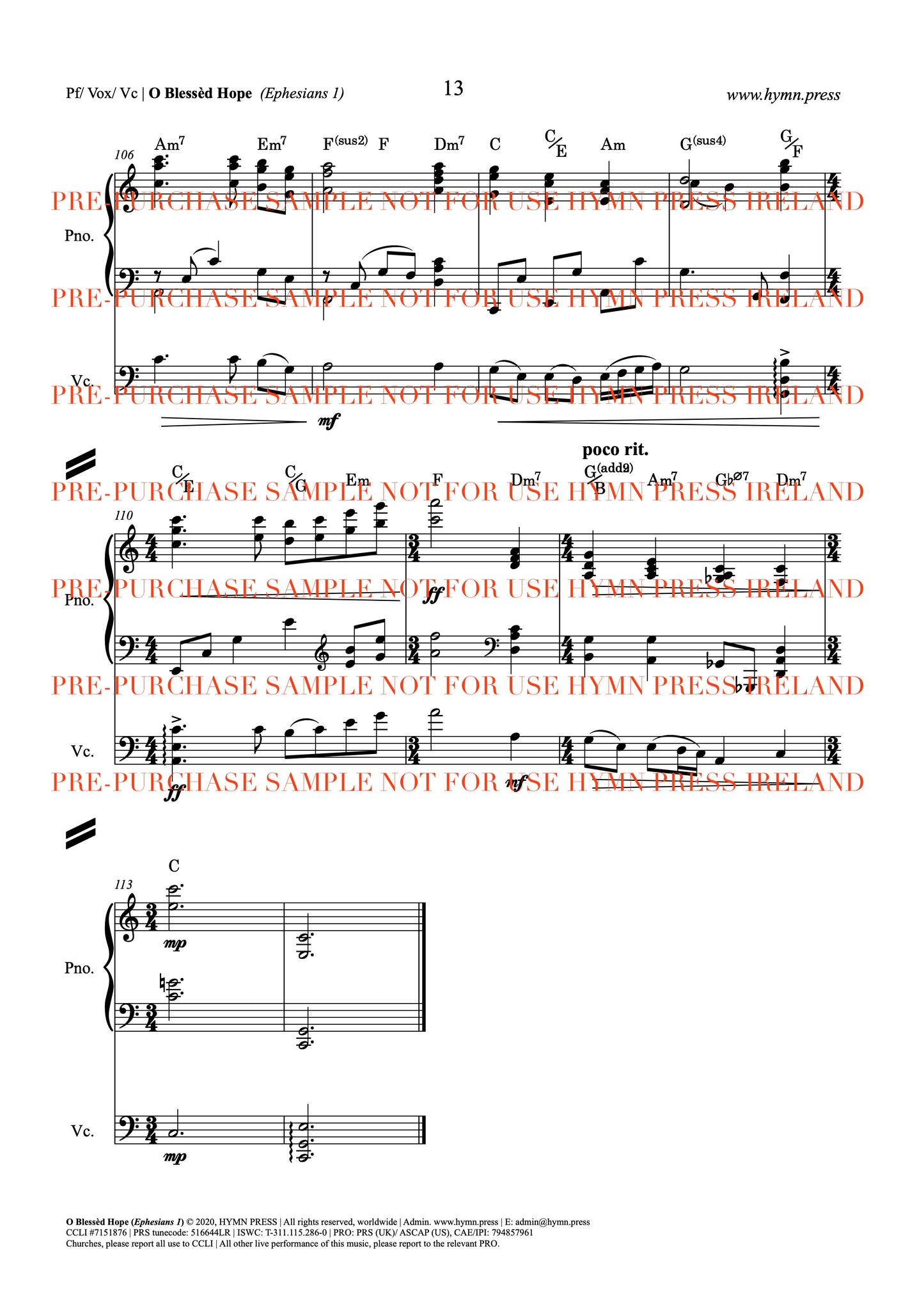 O Blessed Hope (Ephesians 1) Live Studio Recording Score