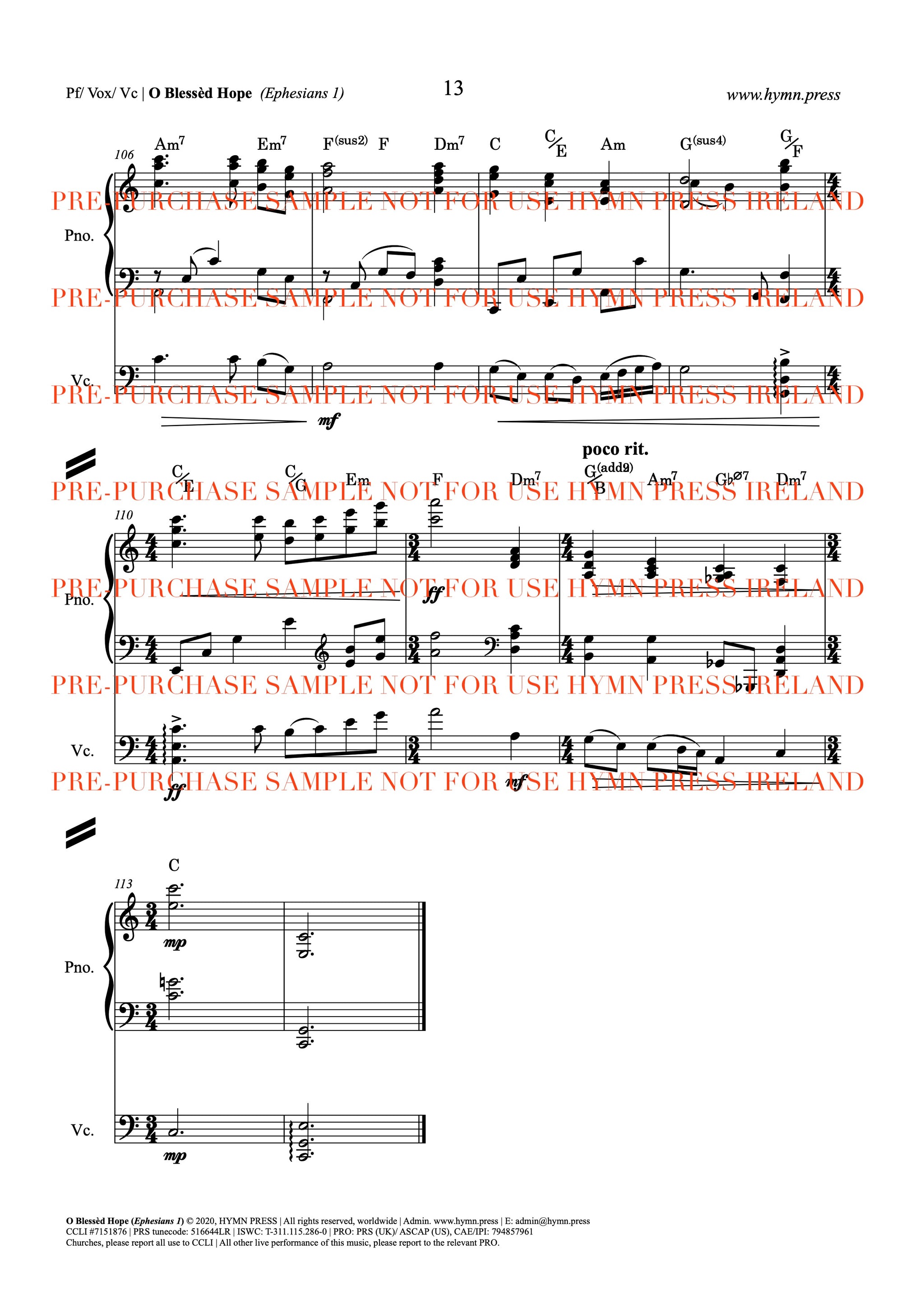 O Blessed Hope (Ephesians 1) Live Studio Recording Score