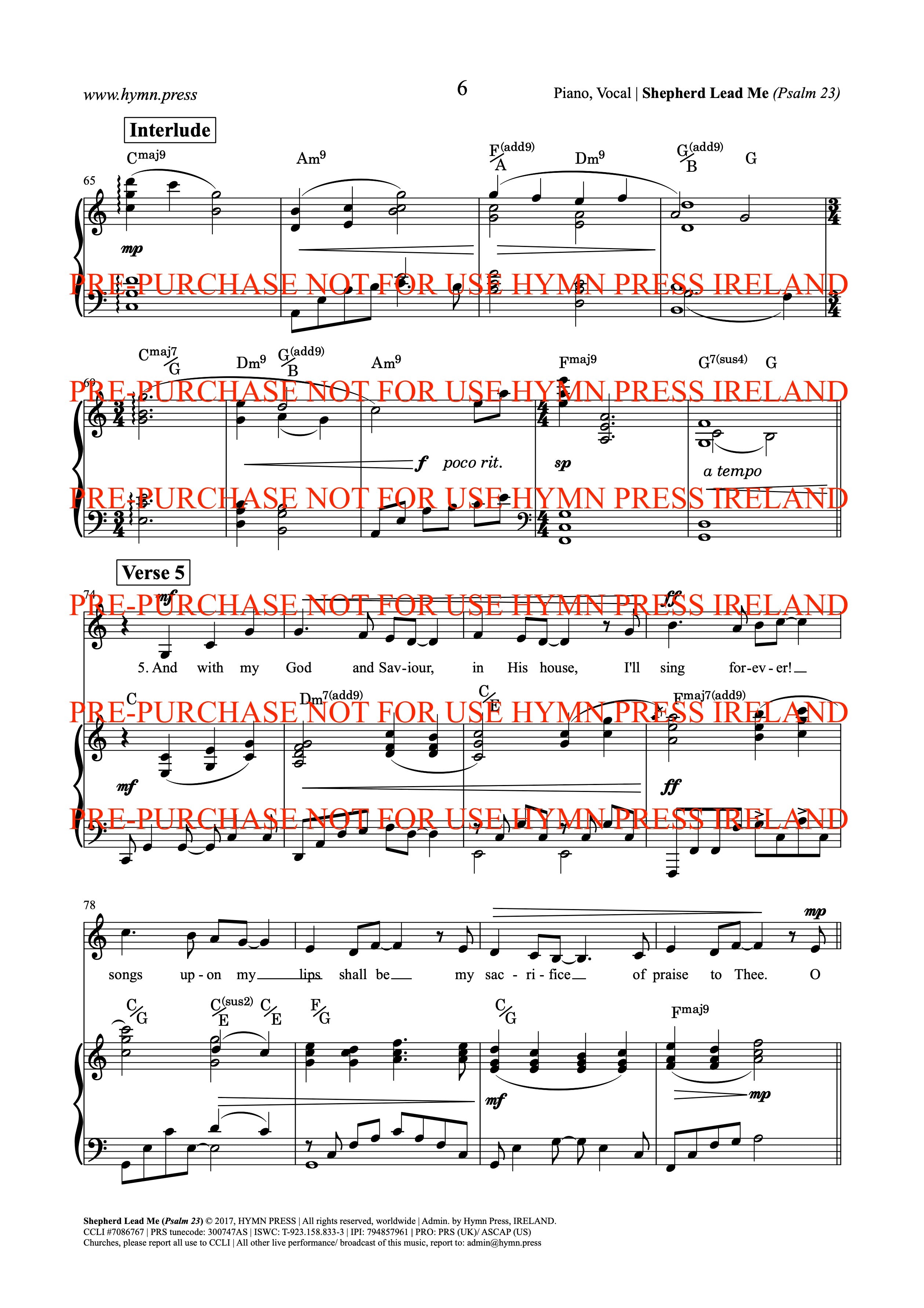Shepherd Lead Me (Psalm 23) Piano, Vocal Score and Parts