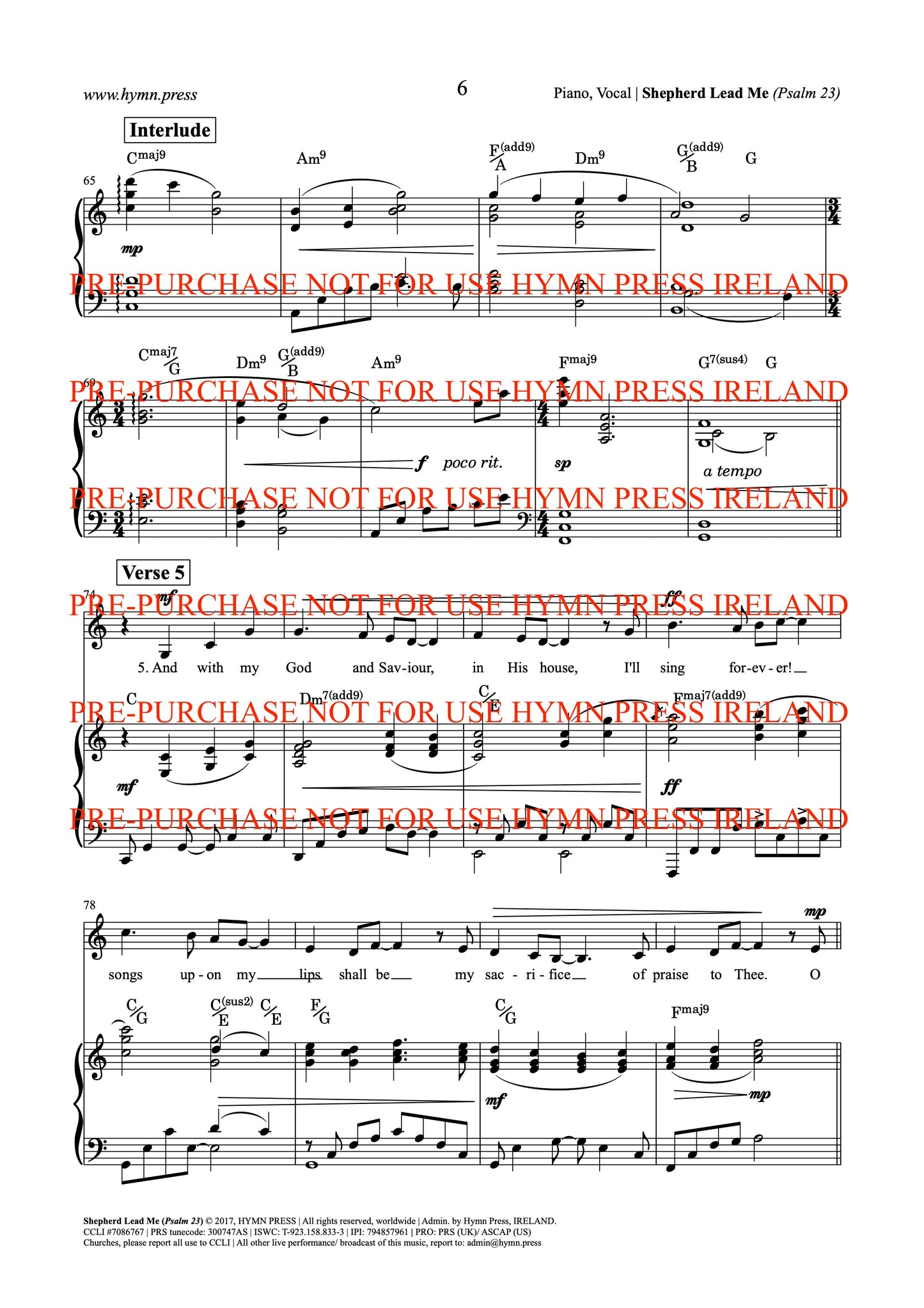 Shepherd Lead Me (Psalm 23) Piano, Vocal Score and Parts