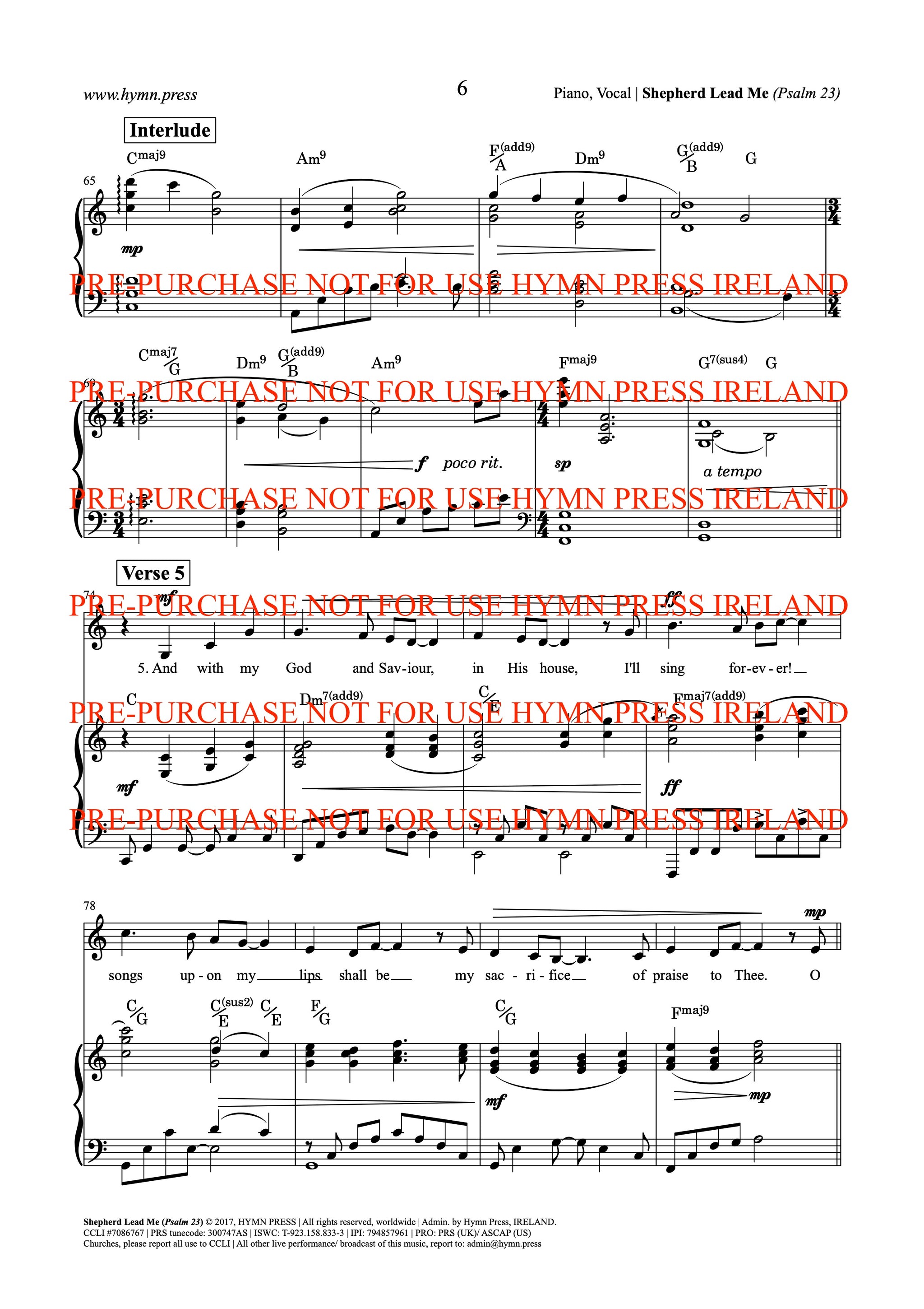 Shepherd Lead Me (Psalm 23) Piano, Vocal Score and Parts
